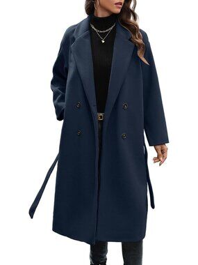 Women's Navy Casual Double Breasted Belted Winter Overcoat Long Trench Coat